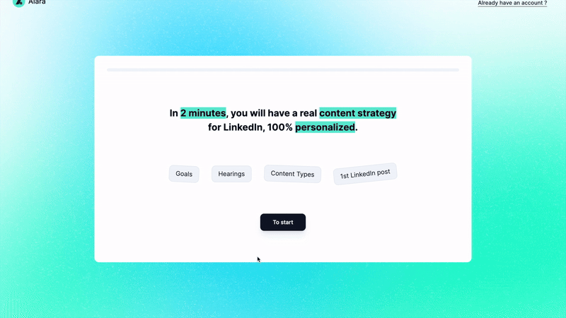 Démonstration d'Alara : l'onboarding du SaaS de gestion de contenu LinkedIn